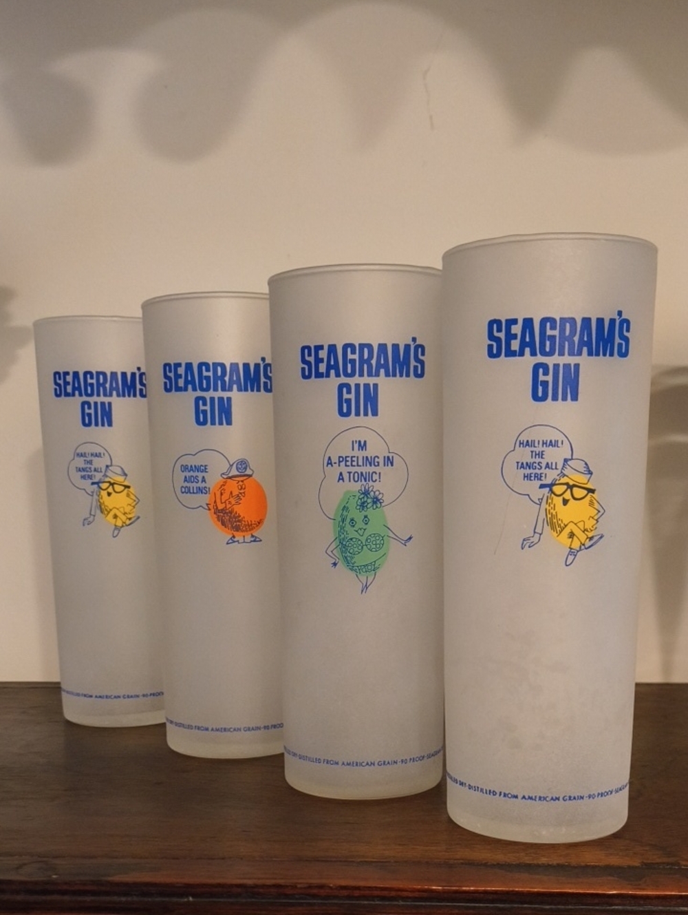 Vintage Frosted Highball Glass - White with Blue and Multicolor Accents Set Of 4 - Picture 1 of 4